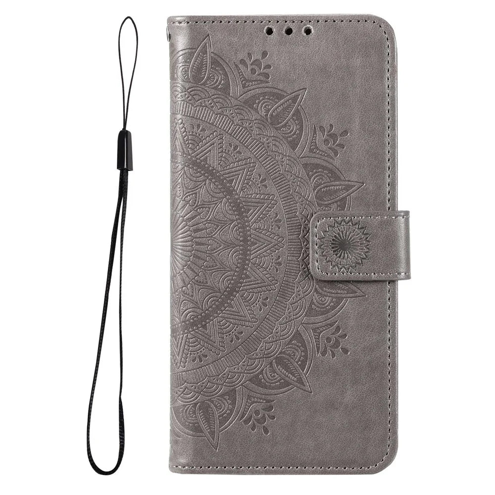 For Samsung Galaxy F23 PU Leather Shockproof Phone Flip Cover, Wallet Stand Design Imprinted Mandala Flower Phone Case - Grey - 4