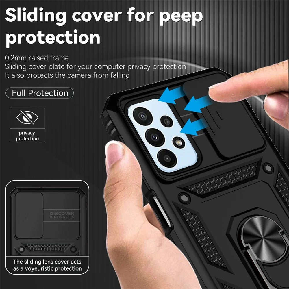 For Samsung Galaxy A23 4G / 5G (Global Version) PC + TPU Dual Layer Armor Case Slide Lens Protection Scratch-Resistant Cover with Built-in Rotate Magnetic Kickstand - Black - 6