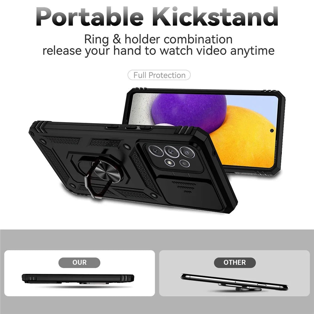 For Samsung Galaxy A53 5G PC + TPU Dual Layer Armor Phone Case Slide Lens Protection  Kickstand Scratch-Resistant Cover with Built-in Rotate Magnetic Metal Sheet - Black - 3