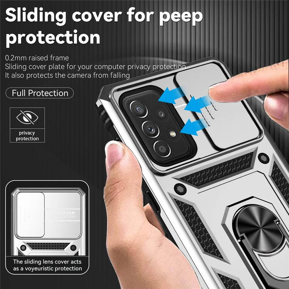 For Samsung Galaxy A73 5G Camera Protection Case Soft TPU + Hard PC Hybrid Design Shock Absorption Protective Cover with Rotating Ring Kickstand - Silver - 6
