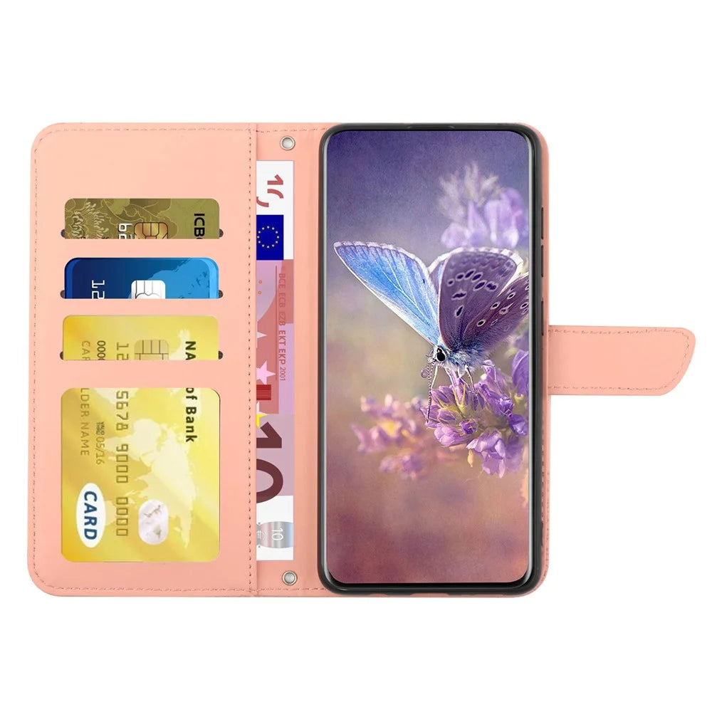 For Samsung Galaxy S21 FE 5G/S21 Fan Edition PU Leather Magnetic Butterfly Flower Pattern Imprinted Case Skin-touch Feeling Bookstyle Wallet Stand Flip Cover with Strap - Pink - 2