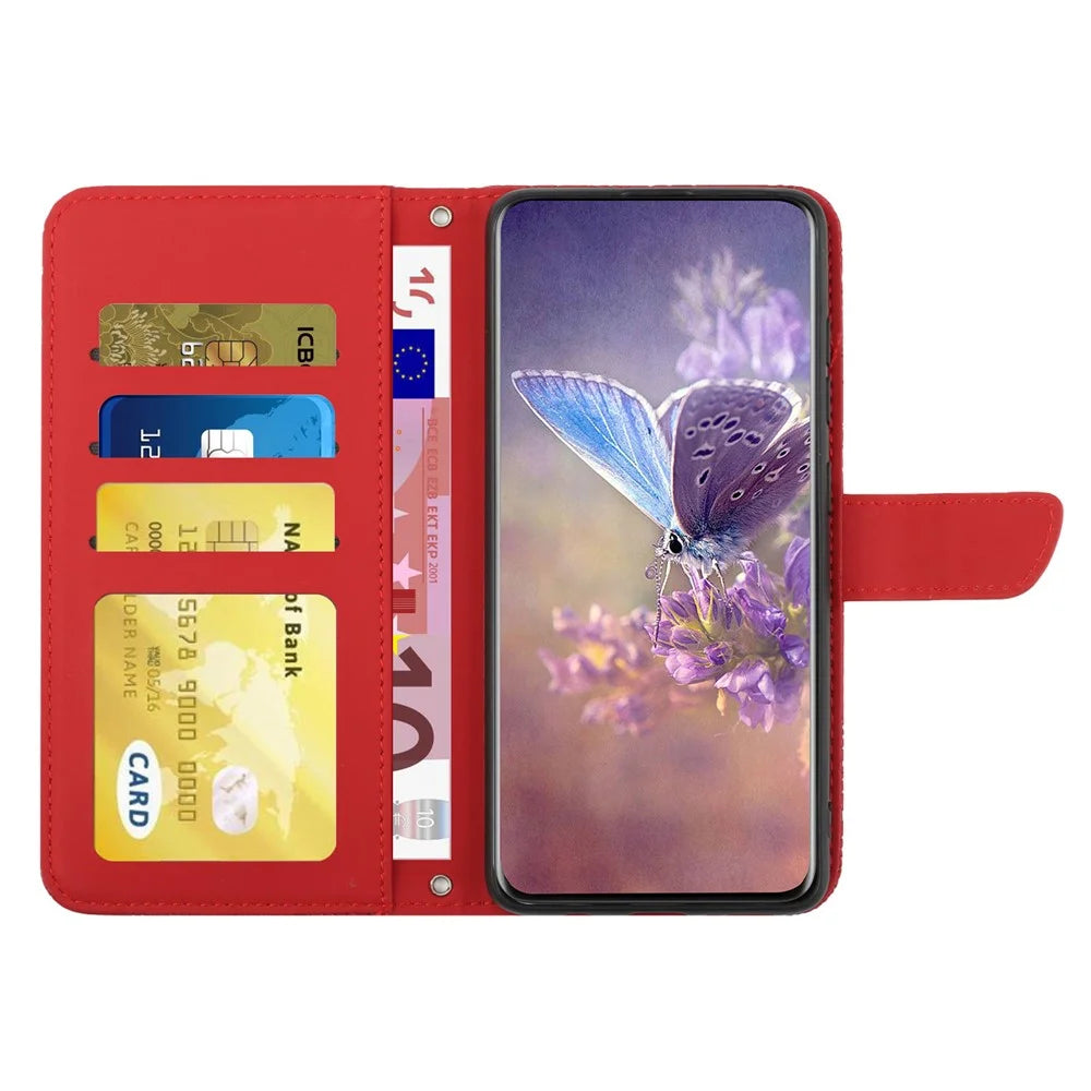 For Samsung Galaxy A20e Skin-touch Feeling Leather Phone Stand Cover Butterfly Flower Pattern Imprinted Flip Wallet Shell with Wrist Strap - Red - 2