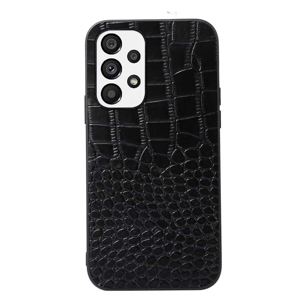 For Samsung Galaxy A73 5G Phone Case Crocodile Texture Shockproof Cover Genuine Cowhide Leather Coated PC + TPU Cover - Black - 1