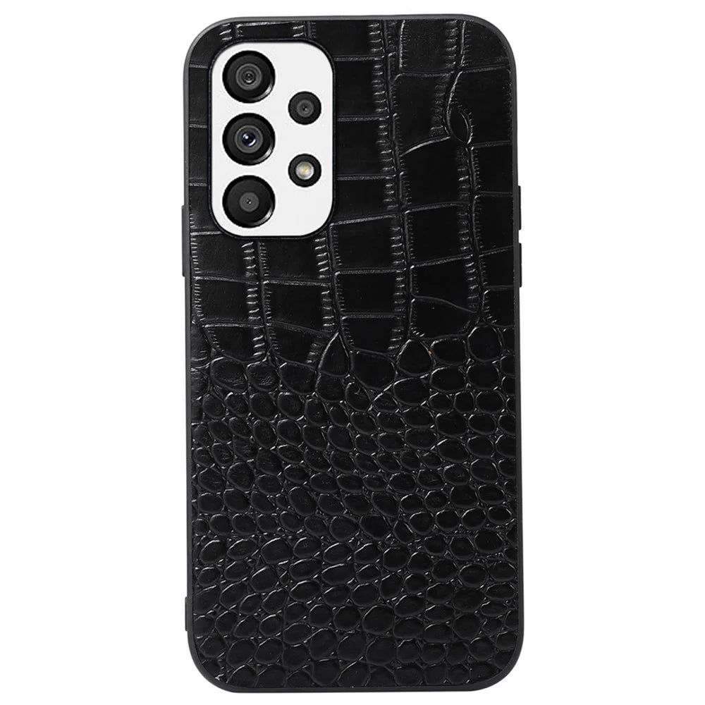 For Samsung Galaxy A53 5G Crocodile Texture Mobile Phone Case Genuine Cowhide Leather Coated PC + TPU Cover - Black - 1