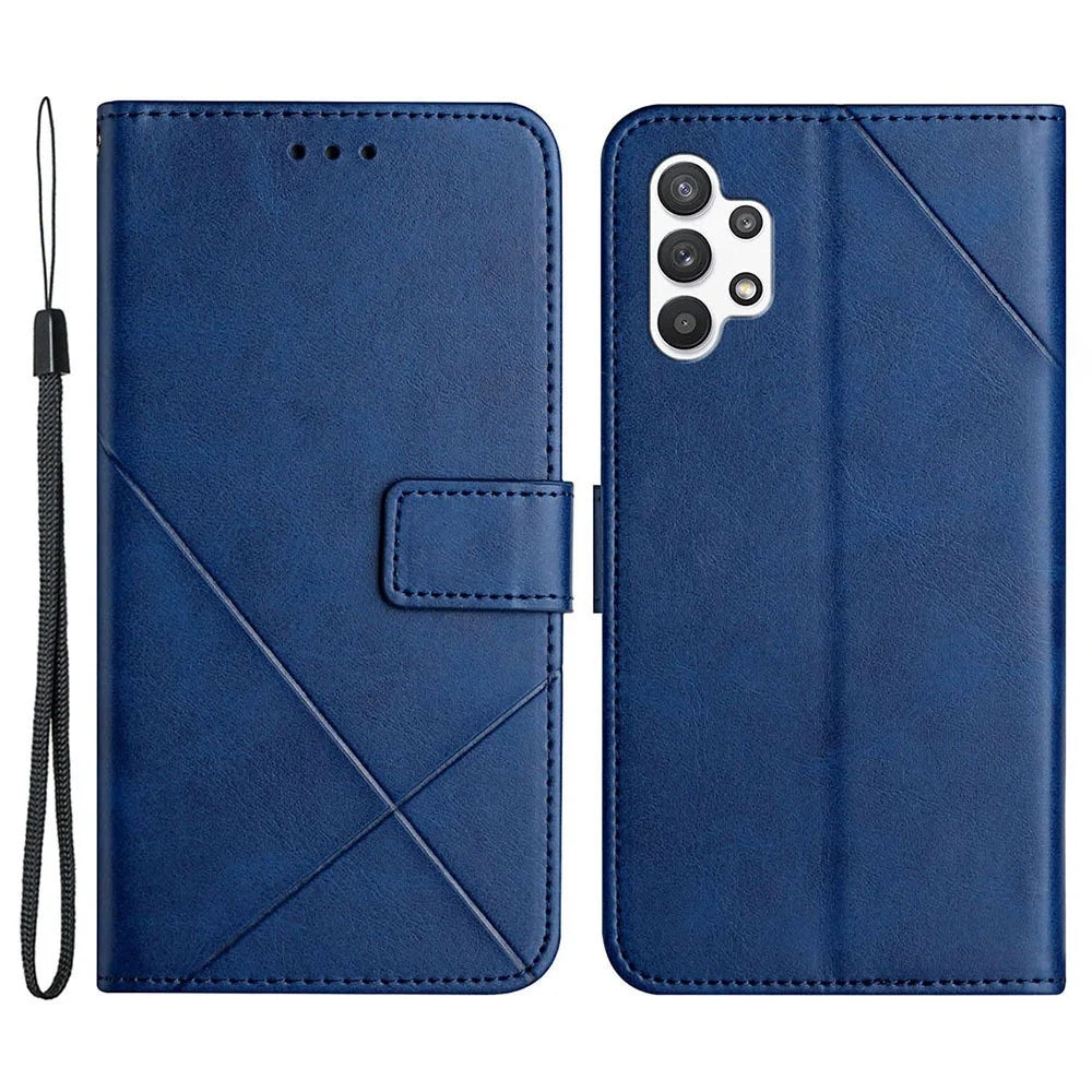 Solid Color Line Imprinting PU Leather Phone Shell for Samsung Galaxy A13 4G, Folio Flip Wallet Foldable Stand Design Phone Case - Blue - 1
