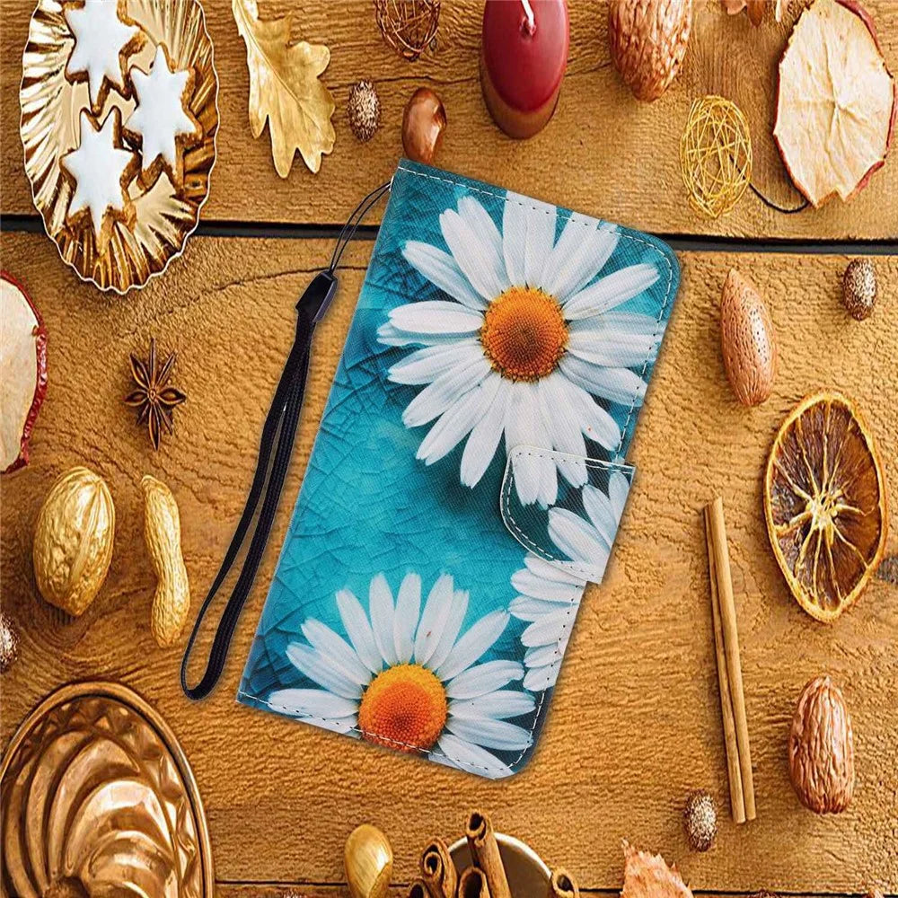 Pattern-Printing Cross Texture PU Leather Case for Samsung Galaxy A73 5G, Folio Flip Leather Wallet Stand Phone Shell with Strap - Daisy - 6