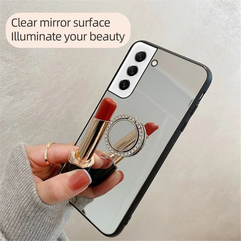 For Samsung Galaxy S21 FE 5G Mirror Design Anti-scratch Well-protected Cover TPU + PC Hybrid Mobile Phone Case with Metal Sheet Ring Kickstand - Silver - 2