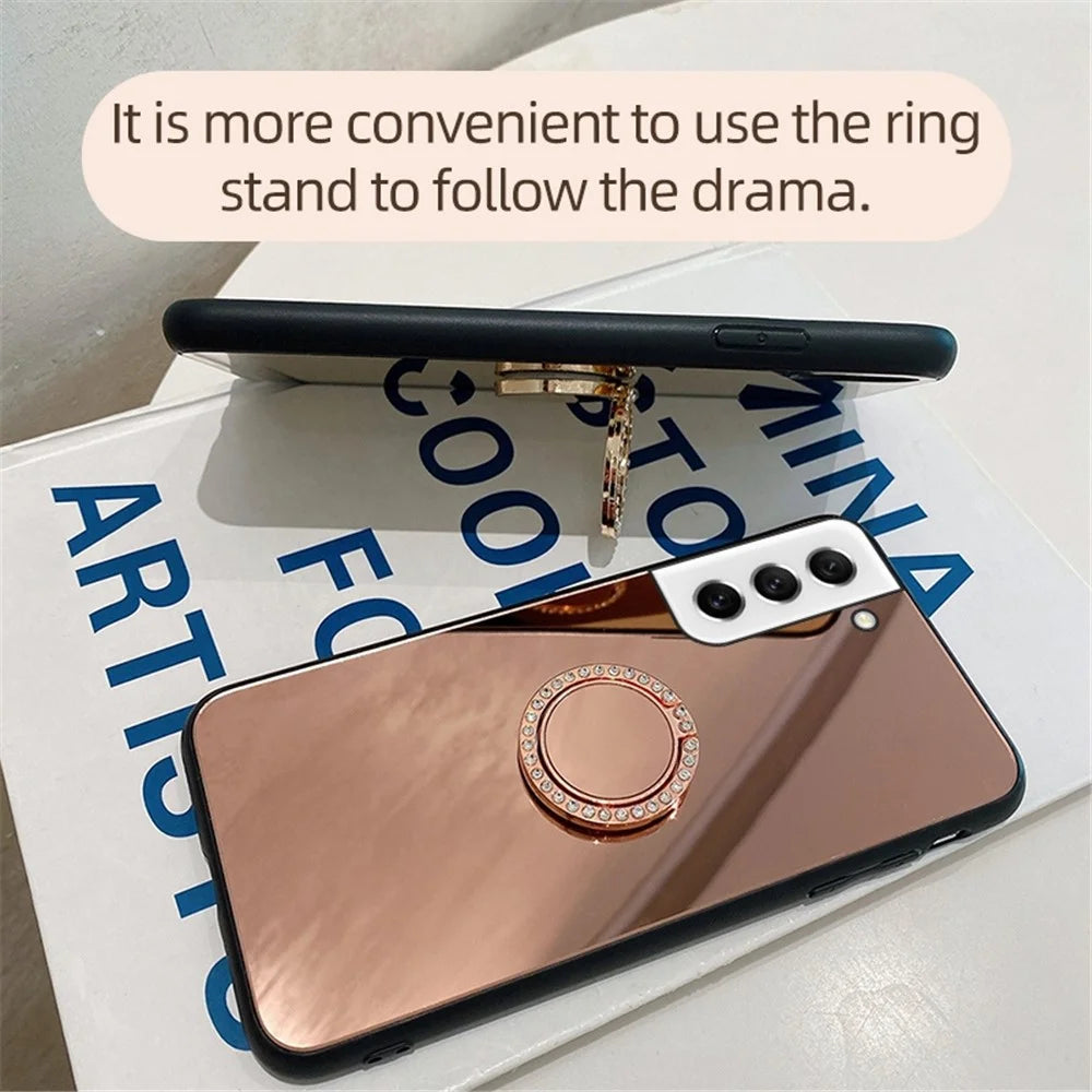 For Samsung Galaxy S21 FE 5G Mirror Design Anti-scratch Well-protected Cover TPU + PC Hybrid Mobile Phone Case with Metal Sheet Ring Kickstand - Silver - 4