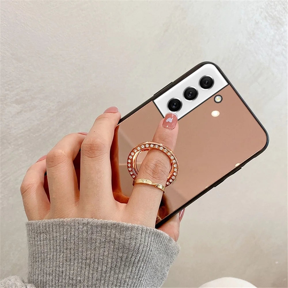 For Samsung Galaxy S21 FE 5G Mirror Design Anti-scratch Well-protected Cover TPU + PC Hybrid Mobile Phone Case with Metal Sheet Ring Kickstand - Silver - 5