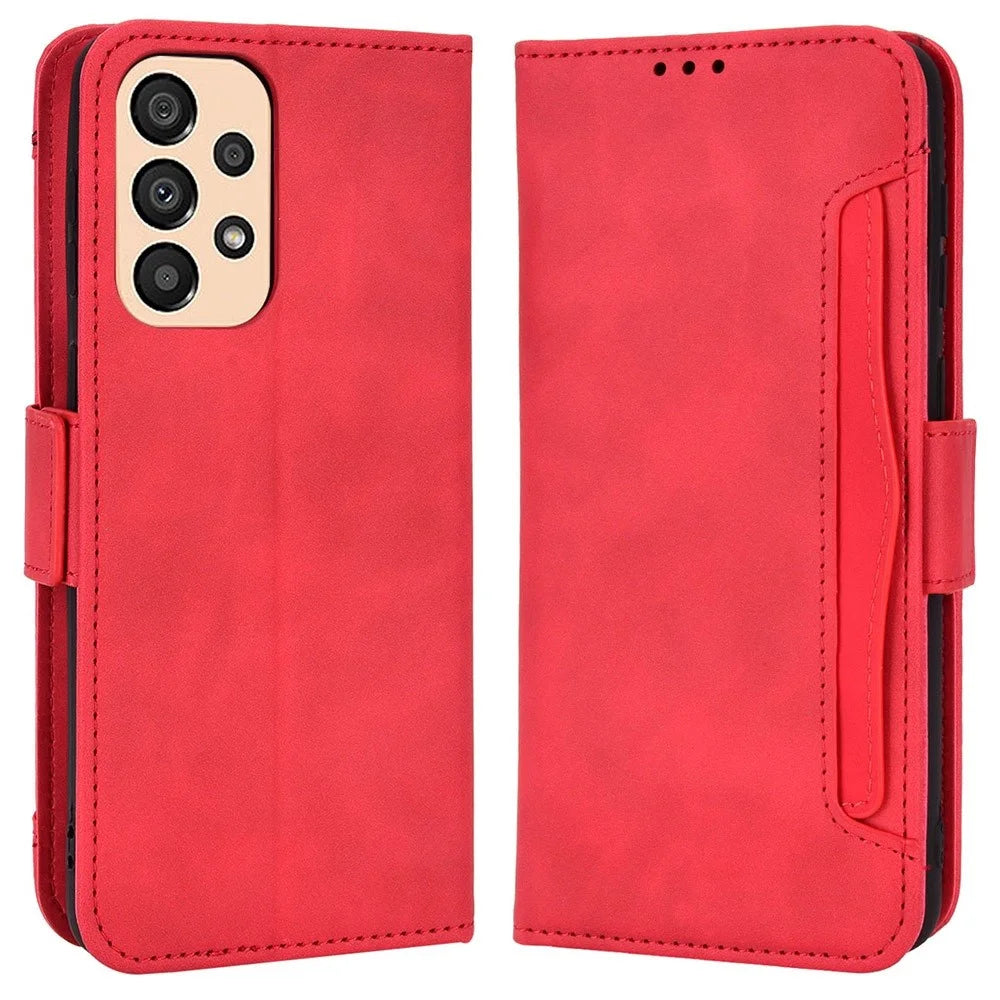 For Samsung Galaxy A33 5G Multiple Card Slots Phone Cover PU Leather Wallet Stand Folio Flip Case - Red - 1