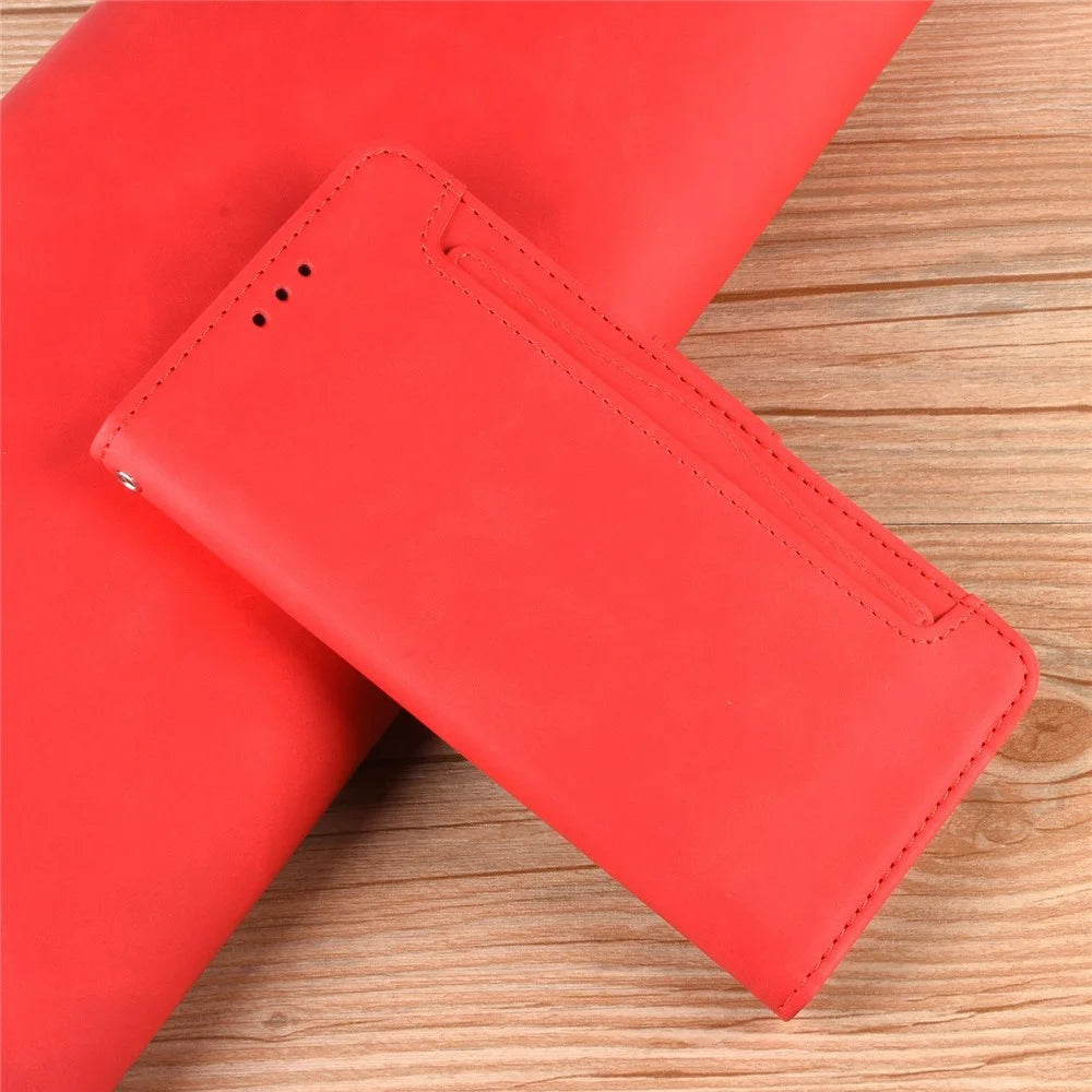For Samsung Galaxy A33 5G Multiple Card Slots Phone Cover PU Leather Wallet Stand Folio Flip Case - Red - 5