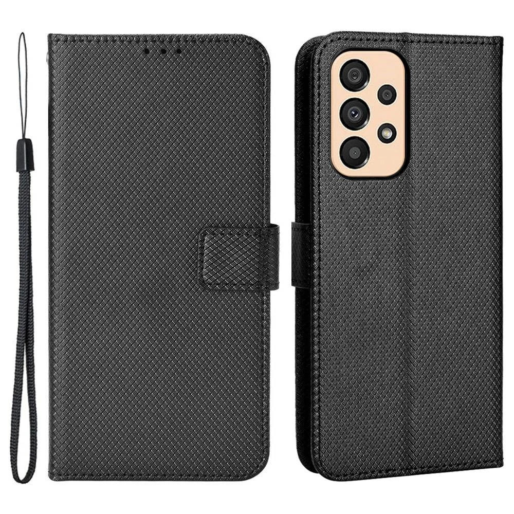 For Samsung Galaxy A23 5G (Global Version) / 4G / M23 5G / F23 5G Diamond Texture Protective Leather Case Wallet Stand Magnetic Closure TPU Shell Flip Cover with Strap - Black - 1