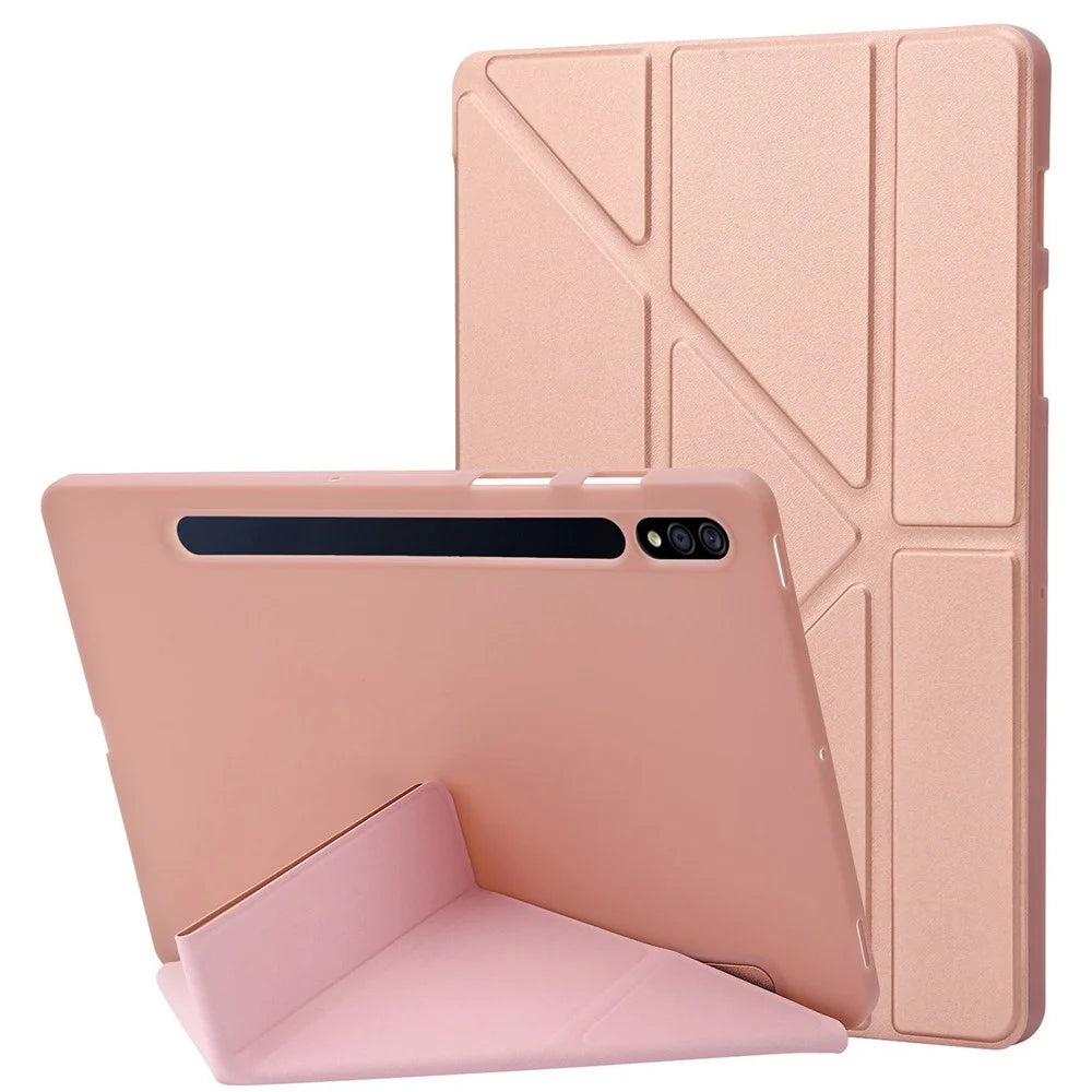 For Samsung Galaxy Tab S8+ Silicone + Leather V-fold Stand Tablet Case Auto Wake/Sleep Function Shockproof Cover - Rose Gold - 1