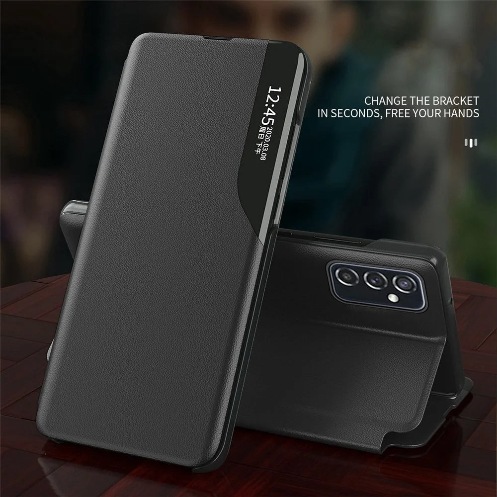 For Samsung Galaxy M23 5G/F23 5G View Window PU Leather Protective Cover Stand Design Phone Case - Black - 5