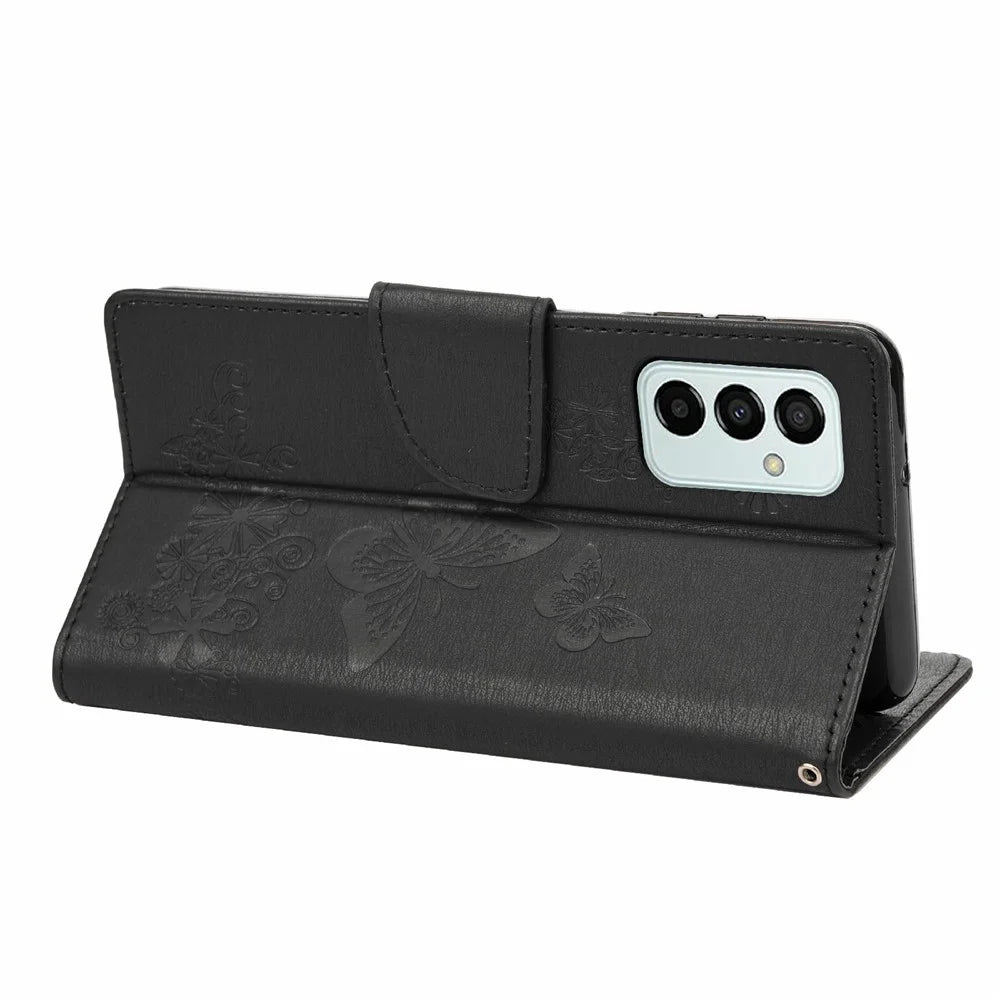 For Samsung Galaxy M23 5G/F23 5G PU Leather Butterfly Flower Imprinted Case Stand Wallet Design Protective Phone Cover - Black - 4