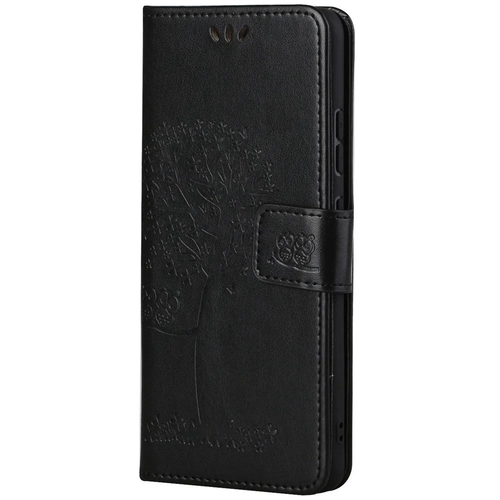 For Samsung Galaxy M23 5G/F23 5G PU Leather Imprinted Owl Tree Pattern Case Folding Stand Wallet Flip Cover with Strap - Black - 4