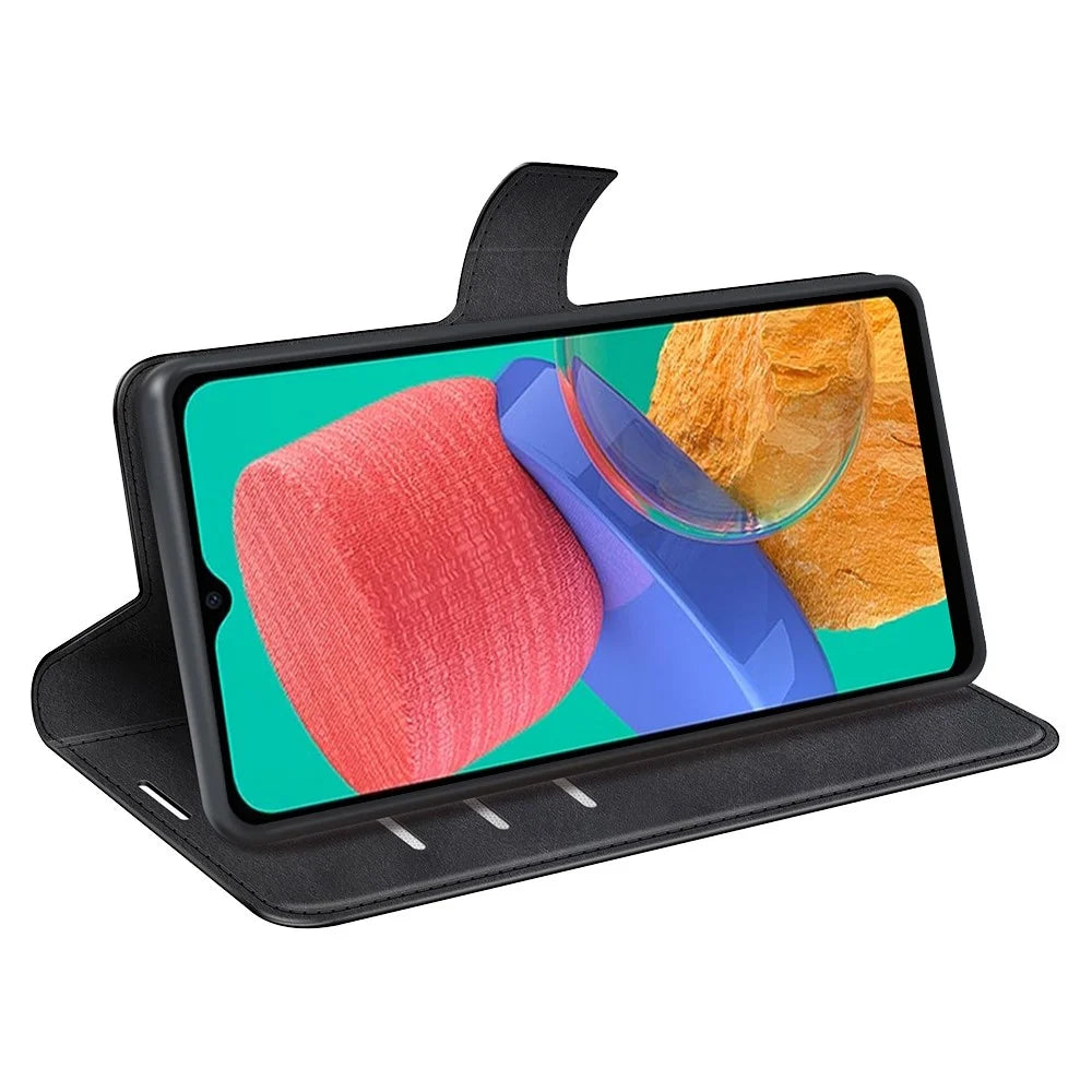 For Samsung Galaxy M33 5G (Global Version) Magnetic Clasp Textured PU Leather Stand Phone Case Wallet Folio Flip Cover - Black - 3
