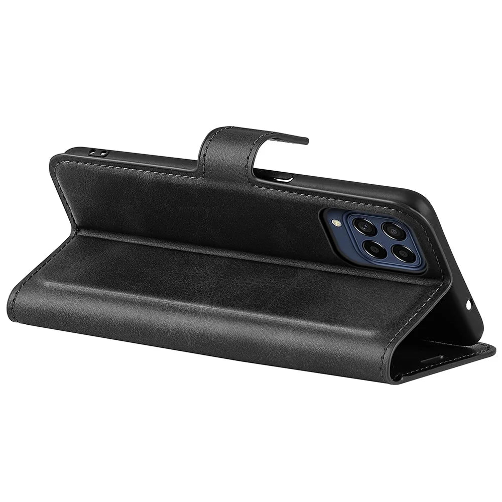 For Samsung Galaxy M33 5G (Global Version) Magnetic Clasp Textured PU Leather Stand Phone Case Wallet Folio Flip Cover - Black - 4