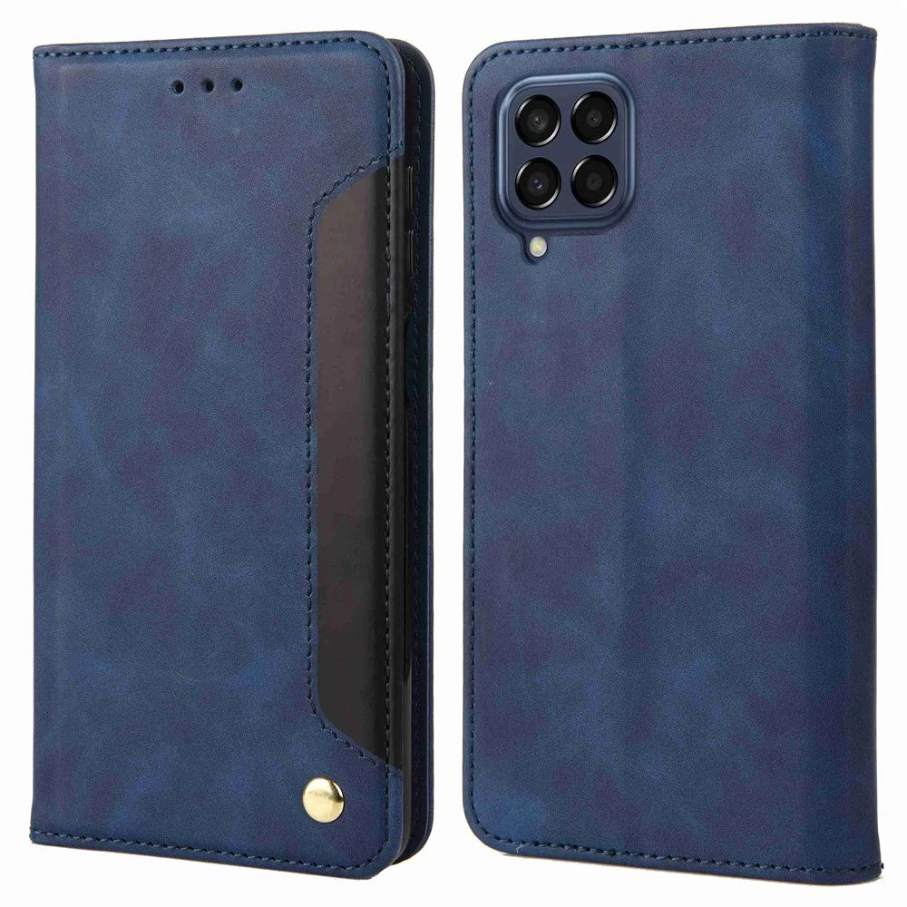 For Samsung Galaxy M53 5G Splicing PU Leather Skin-touch Feeling Case Stand Magnetic Absorption Full Protection Flip Folio Wallet Cover - Blue - 1