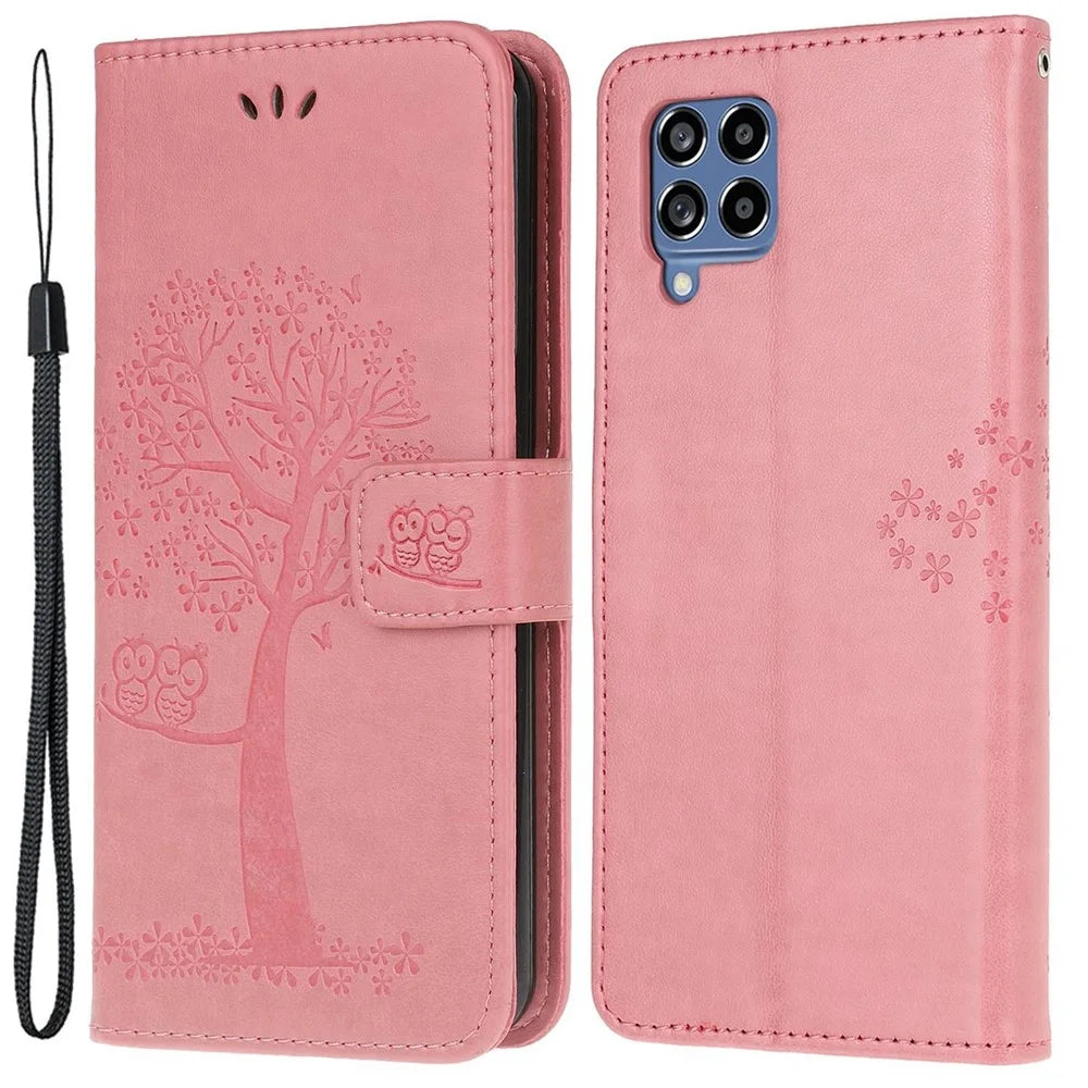 For Samsung Galaxy M53 5G Stand PU Leather Case Imprinted Owl Tree Pattern Wallet Cover with Strap - Pink - 1