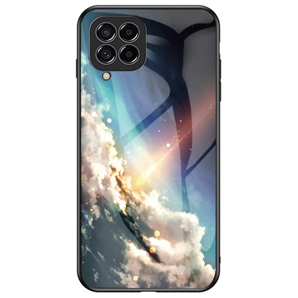 For Samsung Galaxy M33 5G (Global Version) Slim Light Drop-proof Starry Sky Pattern Design Tempered Glass Back Case Hard PC TPU Shell - Bright Starry Sky - 1