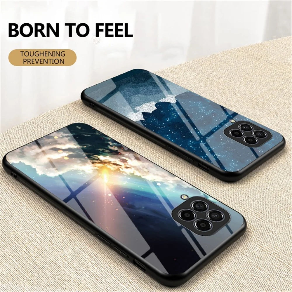 For Samsung Galaxy M33 5G (Global Version) Slim Light Drop-proof Starry Sky Pattern Design Tempered Glass Back Case Hard PC TPU Shell - Bright Starry Sky - 4