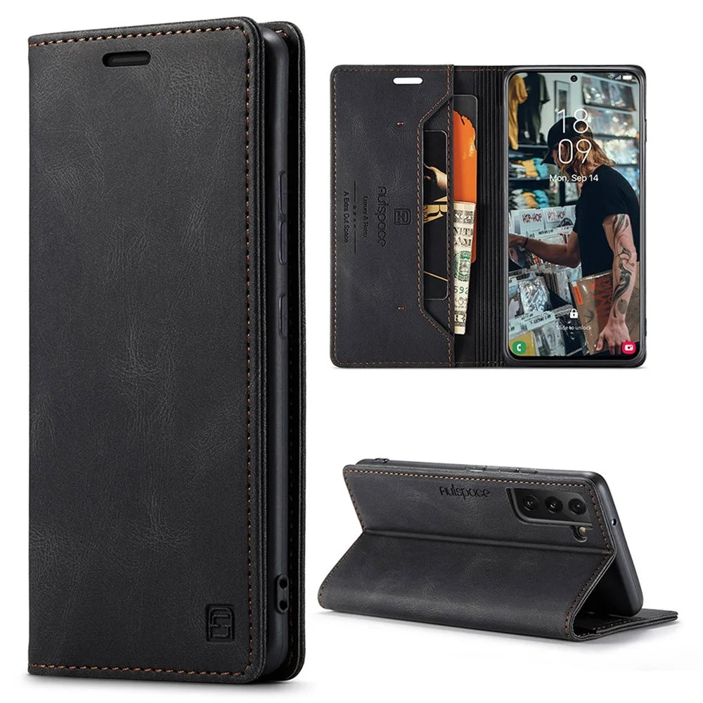 AUTSPACE A01 Series for Samsung Galaxy S22 5G PU Leather Case RFID Blocking Wallet Flip Stand Cover - Black - 1