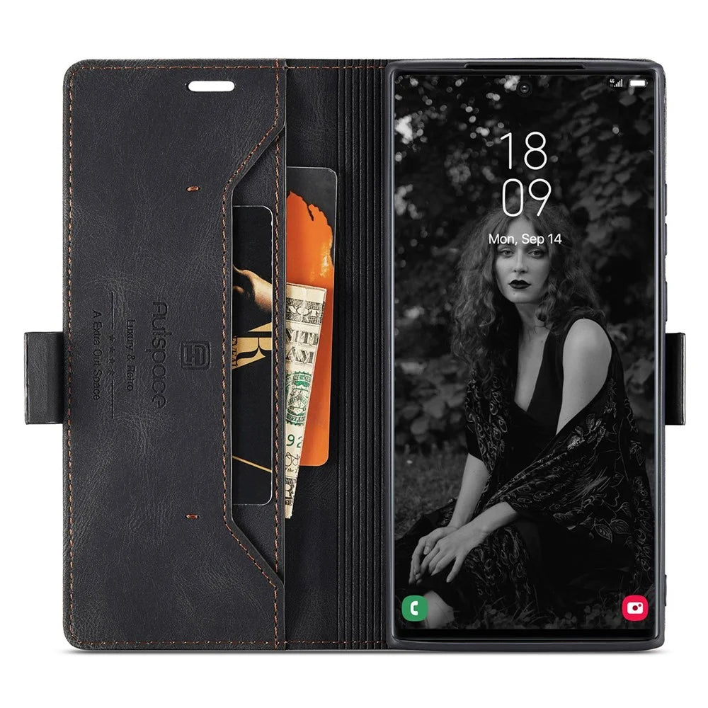 AUTSPACE A01 Series for Samsung Galaxy S22 Ultra 5G PU Leather Case RFID Blocking Wallet Flip Stand Cover - Black - 2