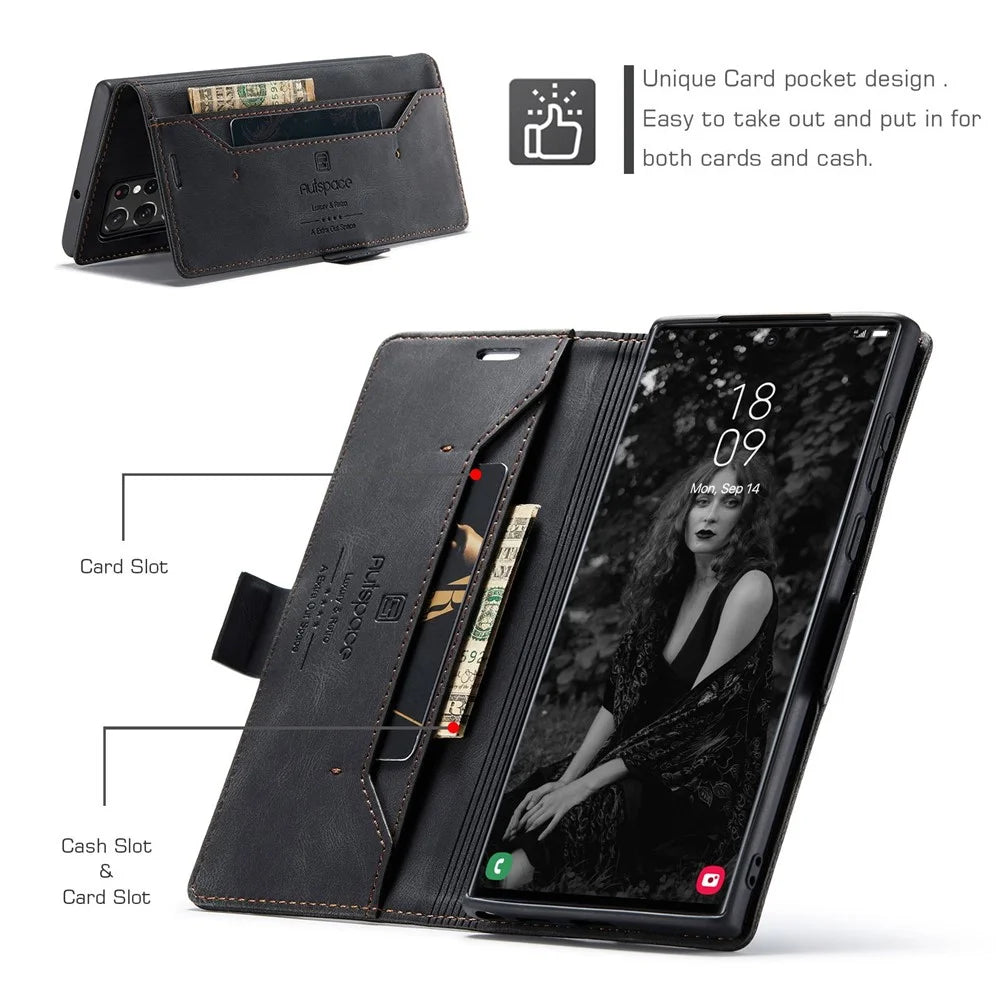 AUTSPACE A01 Series for Samsung Galaxy S22 Ultra 5G PU Leather Case RFID Blocking Wallet Flip Stand Cover - Black - 5