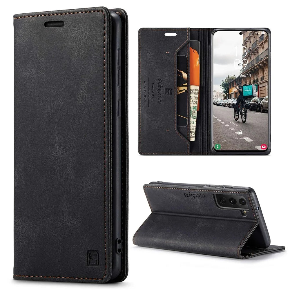 AUTSPACE A01 Series for Samsung Galaxy S21 FE 5G PU Leather Case RFID Blocking Wallet Flip Stand Cover - Black - 1