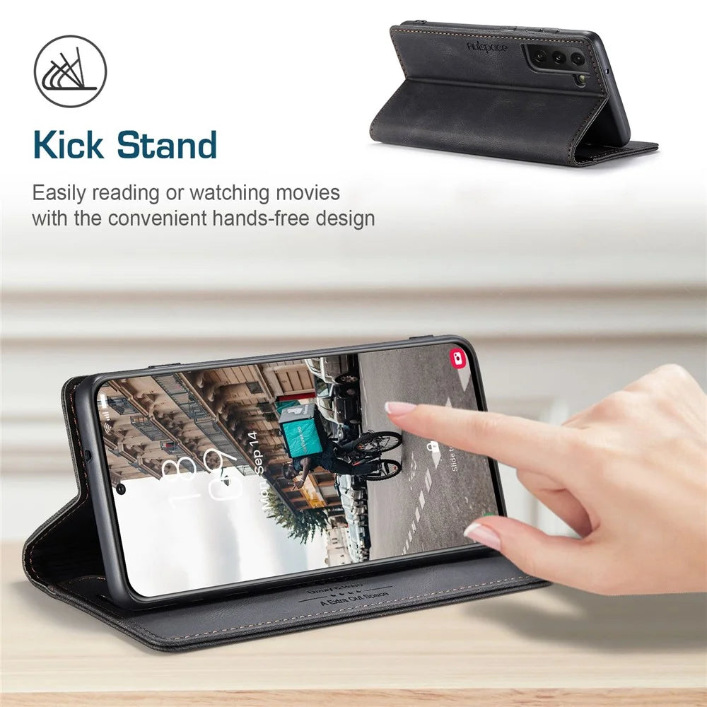 AUTSPACE A01 Series for Samsung Galaxy S21 FE 5G PU Leather Case RFID Blocking Wallet Flip Stand Cover - Black - 6
