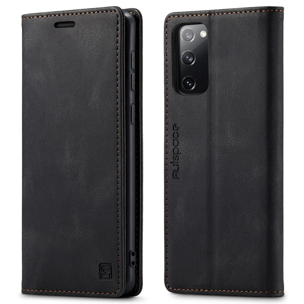 AUTSPACE A01 Series for Samsung Galaxy S20 FE 4G/5G/S20 Lite/S20 Fan Edition 4G/5G/S20 FE 2022 PU Leather Case RFID Blocking Cover - Black - 1