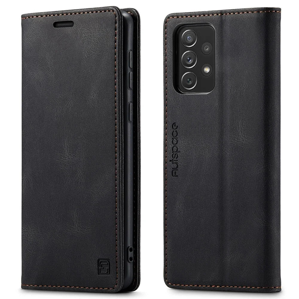 AUTSPACE A01 Series for Samsung Galaxy A72 4G/5G PU Leather Case RFID Blocking Wallet Flip Stand Cover - Black - 1