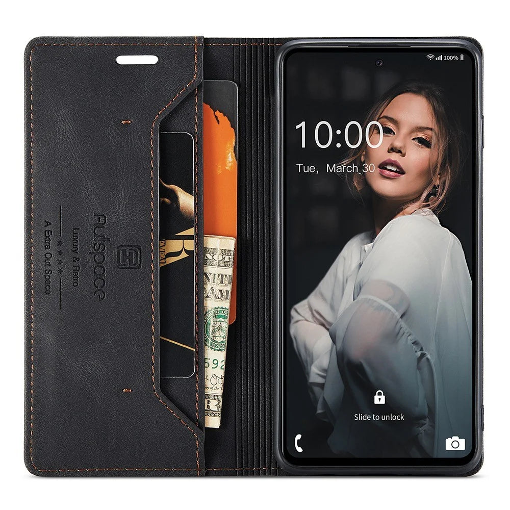 AUTSPACE A01 Series for Samsung Galaxy A72 4G/5G PU Leather Case RFID Blocking Wallet Flip Stand Cover - Black - 2