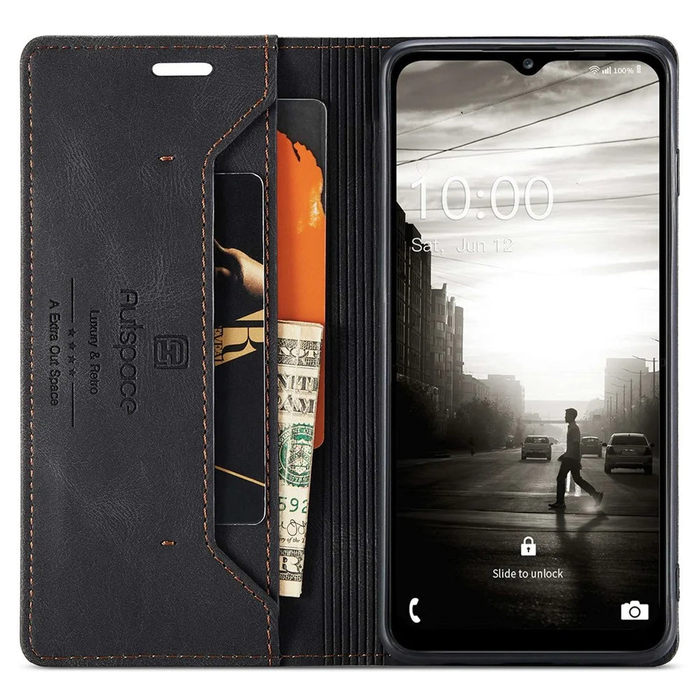 AUTSPACE A01 Series for Samsung Galaxy A13 5G / A04s 4G (164.7mm) PU Leather Case RFID Blocking Wallet Stand Flip Cover - Black - 2