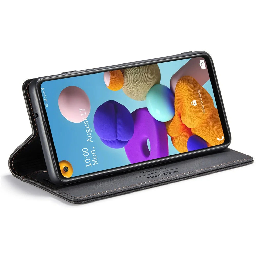 AUTSPACE A01 Series for Samsung Galaxy A21s PU Leather Case RFID Blocking Vintage Wallet Stand Flip Cover - Black - 3