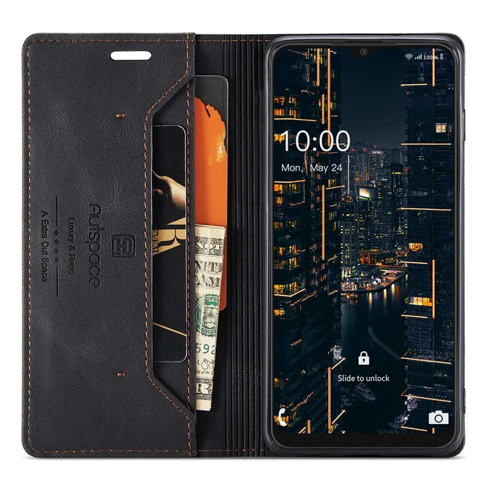 AUTSPACE A01 Series for Samsung Galaxy A22 5G (EU Version) PU Leather Protective Shell, Impact Resistant RFID Blocking Magnetic Closure Vintage Frosted Wallet Stand Flip Cover - Black - 2