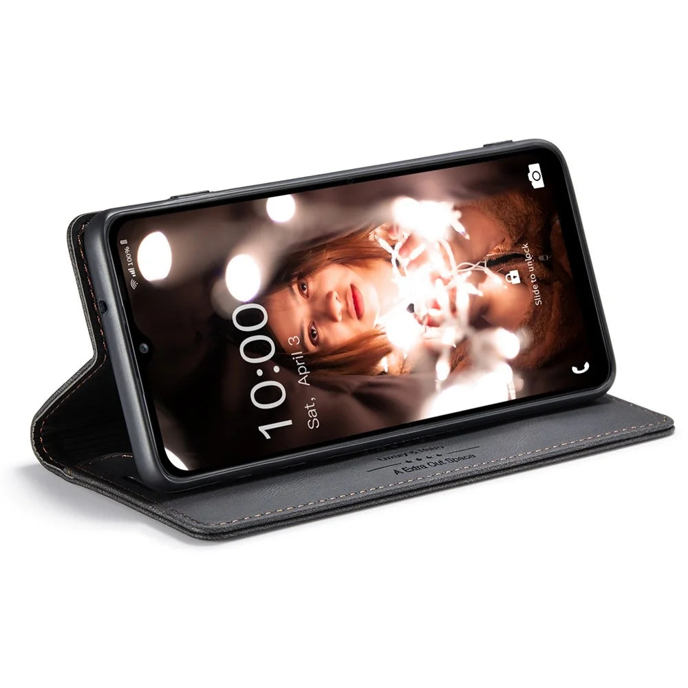AUTSPACE A01 Series for Samsung Galaxy A12 PU Leather Case RFID Blocking Vintage Wallet Stand Flip Cover - Black - 3