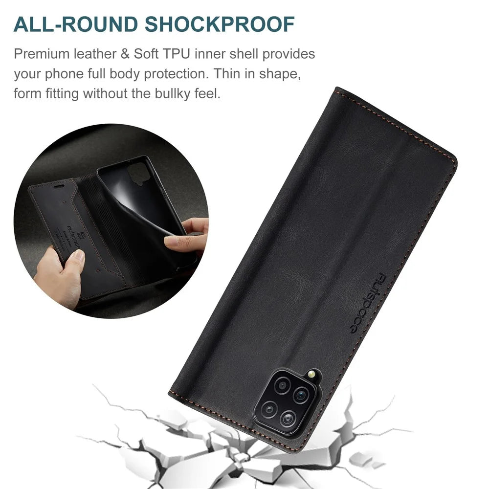 AUTSPACE A01 Series for Samsung Galaxy A12 PU Leather Case RFID Blocking Vintage Wallet Stand Flip Cover - Black - 7