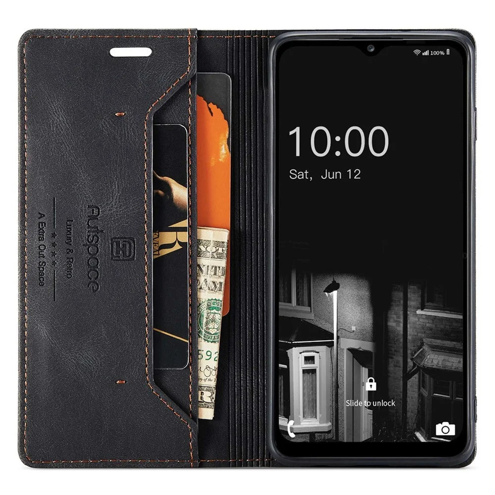 AUTSPACE A01 Series for Samsung Galaxy A13 4G PU Leather Case RFID Blocking Vintage Wallet Stand Flip Cover - Black - 2