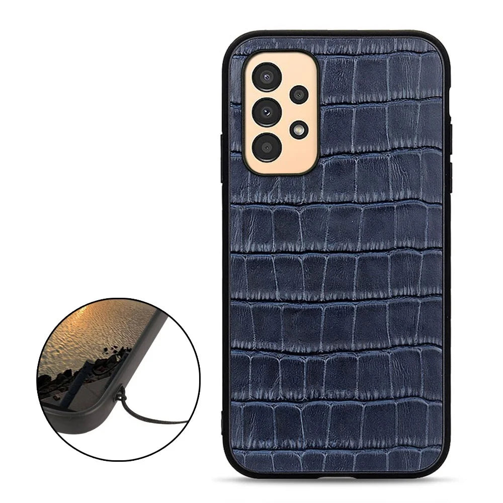 For Samsung Galaxy A13 4G Anti-fall Cover, Crocodile Texture Genuine Leather Coated PC + TPU Phone Back Case - Blue - 2