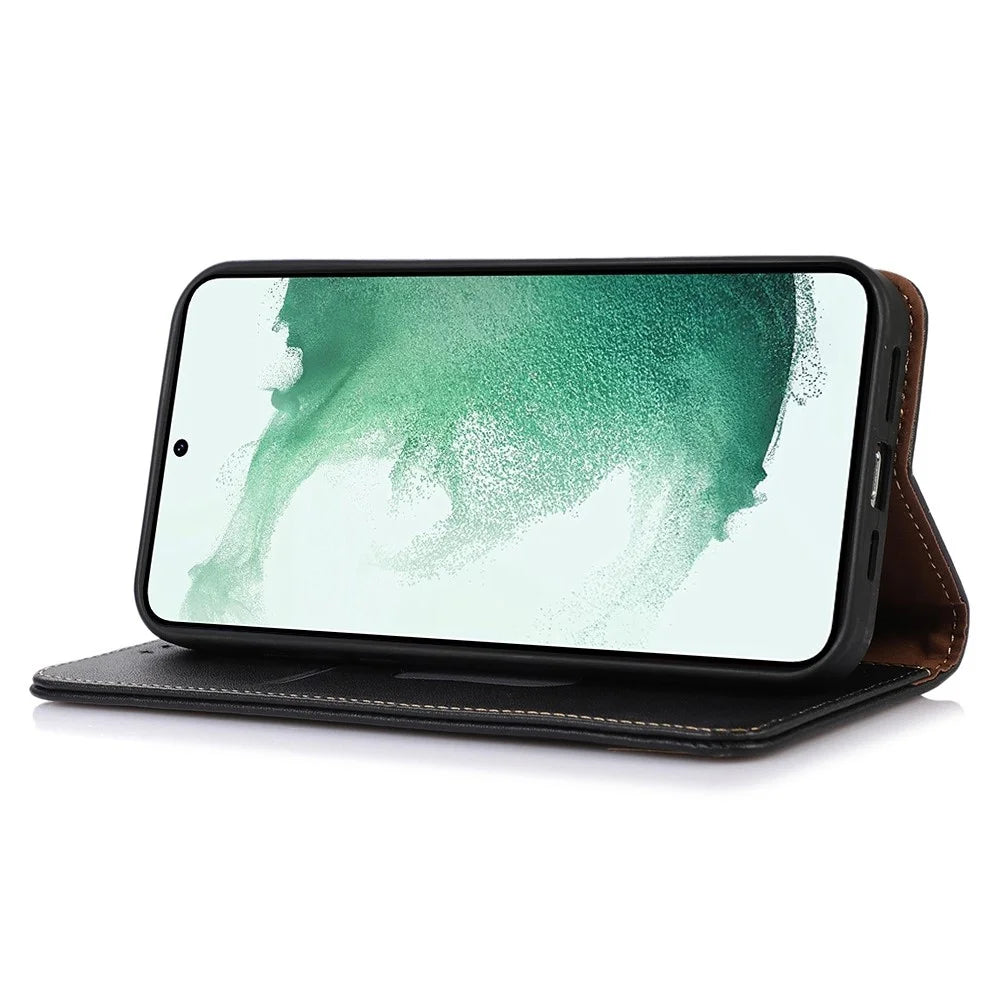 KHAZNEH Shockproof Phone Case for Samsung Galaxy A33 5G Genuine Cowhide Textured Leather Case Protective Folio Flip Cover Magnetic Closure Stand Case with Wallet - Black - 3