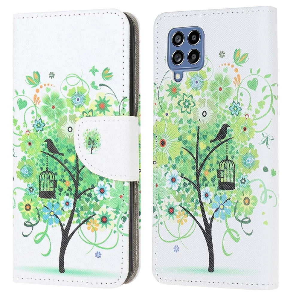 For Samsung Galaxy M53 5G Cross Texture Stylish Pattern Printing PU Leather Phone Case Stand Wallet Flip Cover - Green Tree - 1