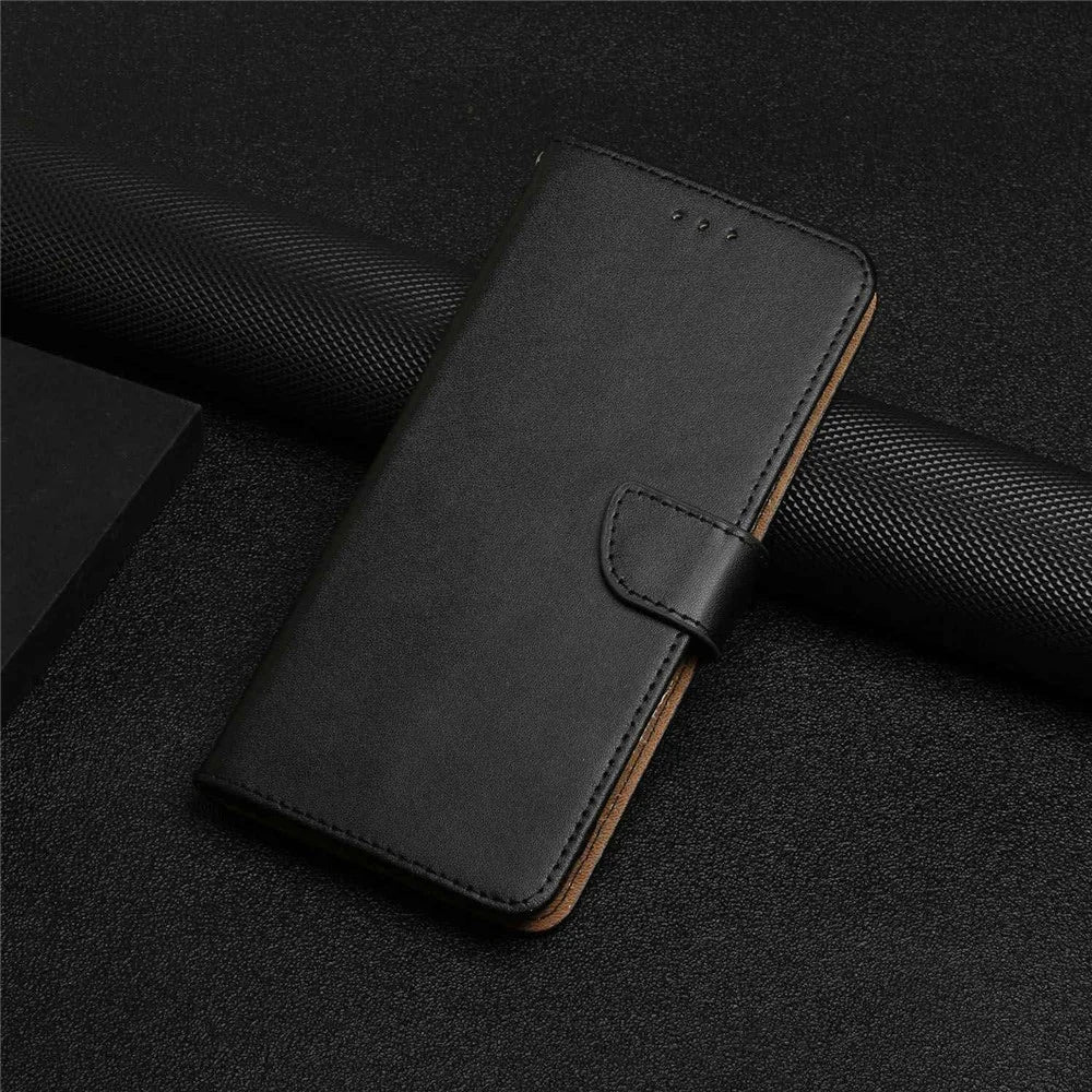 Nappa Texture Case for Samsung Galaxy M23 5G/F23 5G, Wallet Stand Genuine Leather Anti-scratch Magnetic Closing Phone Shell - Black - 7