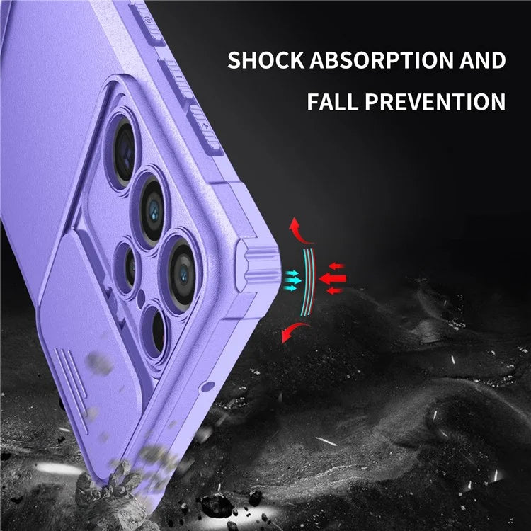 For Samsung Galaxy S22 Ultra 5G Adjustable Vertical Kickstand Phone Case Camera Slider Protection Hybrid PC + TPU Cover - Purple - 4