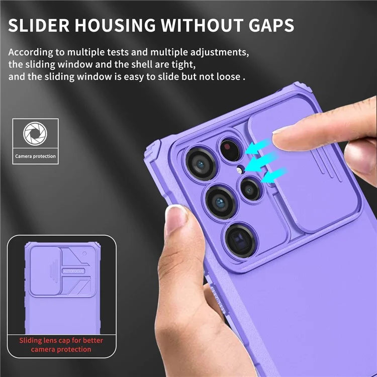 For Samsung Galaxy S22 Ultra 5G Adjustable Vertical Kickstand Phone Case Camera Slider Protection Hybrid PC + TPU Cover - Purple - 7