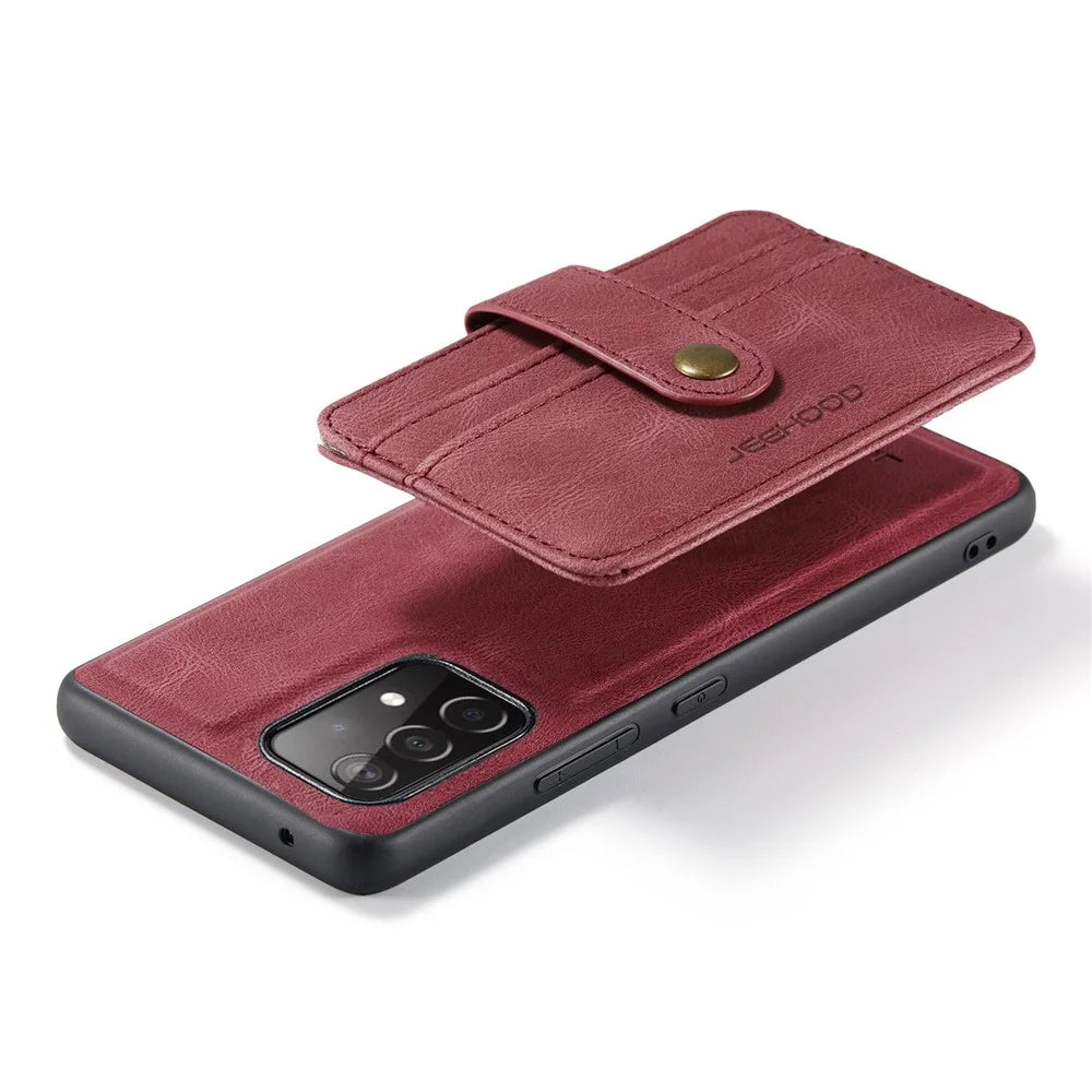 JEEHOOD for Samsung Galaxy A73 5G RFID Blocking Detachable 2-in-1 Magnetic Anti-fall Wallet Design Leather Coated TPU Phone Case Shell - Red - 3