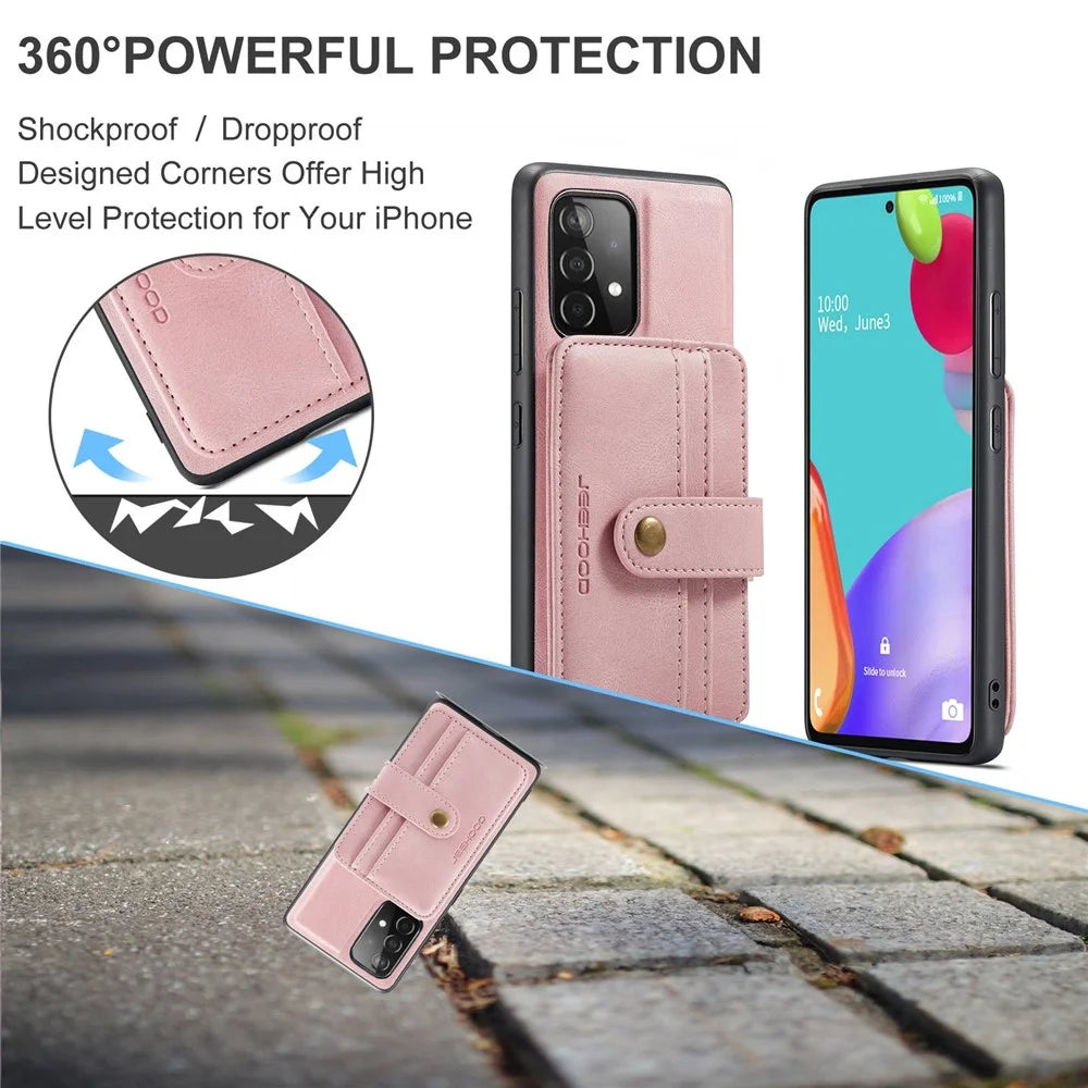 JEEHOOD for Samsung Galaxy A52 4G/5G/A52s 5G Leather Coated TPU Cover Anti-scratch Well-protected Detachable 2-in-1 Wallet RFID Blocking Phone Case - Pink - 5