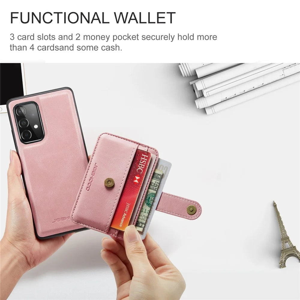 JEEHOOD for Samsung Galaxy A52 4G/5G/A52s 5G Leather Coated TPU Cover Anti-scratch Well-protected Detachable 2-in-1 Wallet RFID Blocking Phone Case - Pink - 6