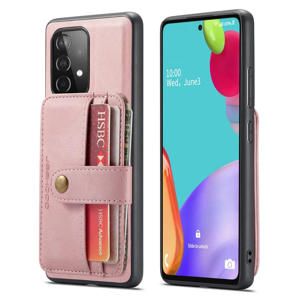 JEEHOOD for Samsung Galaxy A72 4G/5G Wear-resistant Leather Coated TPU Cover Anti-drop Detachable Wallet RFID Blocking Phone Case - Pink - 1
